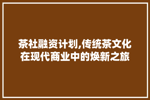 茶社融资计划,传统茶文化在现代商业中的焕新之旅