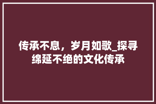 传承不息，岁月如歌_探寻绵延不绝的文化传承
