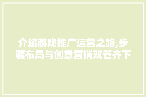 介绍游戏推广运营之路,步骤布局与创意营销双管齐下