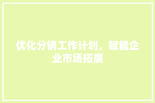 优化分销工作计划，赋能企业市场拓展