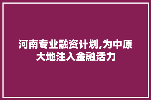 河南专业融资计划,为中原大地注入金融活力