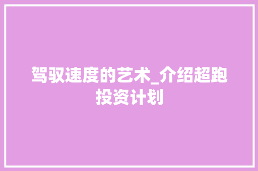 驾驭速度的艺术_介绍超跑投资计划